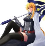  1girl artist_request bardiche black_legwear blonde_hair breasts cape coat fate_testarossa gloves long_hair looking_at_viewer lyrical_nanoha magical_girl mahou_senki_lyrical_nanoha_force mahou_shoujo_lyrical_nanoha mochidayo_(lovefate999) red_eyes solo sword thigh-highs thighs weapon white_background zettai_ryouiki 