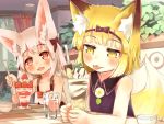  2girls :3 :d :p animal_ears bare_shoulders blonde_hair blush bob_cut bow cafe crr_w9kd cup food fox_ears fox_tail fruit glass hair_bow hairband indoors leaf multiple_girls open_mouth original parfait pink_eyes pink_hair plant shirt short_hair sleeveless sleeveless_shirt smile spoon strawberry tail tongue tongue_out yellow_eyes 