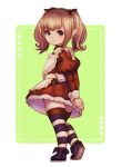  1girl apron arms_behind_back brown_eyes brown_hair dress final_fantasy final_fantasy_xiv from_behind hands_together lalafell long_hair looking_back pointy_ears ribbon shoes smile solo striped striped_legwear thigh-highs twintails yugume 