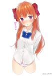  1girl ama_mitsuki blush bow bow_panties dress_shirt gekkan_shoujo_nozaki-kun hair_ribbon no_pants orange_hair panties polka_dot ribbon sakura_chiyo school_uniform shirt simple_background solo translated underwear violet_eyes white_panties 