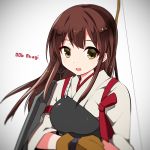  1girl akagi_(kantai_collection) bow_(weapon) brown_eyes brown_hair character_name gloves japanese_clothes kamiyoshi_rika kantai_collection long_hair looking_at_viewer muneate open_mouth smile solo upper_body weapon 