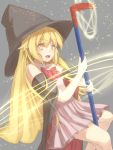  1girl blonde_hair cape crowbar dress hat highres long_hair magic_circle monogatari_(series) oshino_shinobu pointy_ears solo thomas_(aoakumasan) witch_hat yellow_eyes 