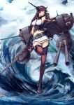  1girl absurdres artist_name clouds covered_nipples fingerless_gloves gloves highres kantai_collection long_hair looking_to_the_side miniskirt nagato_(kantai_collection) navel pleated_skirt pose purple_hair red_eyes shou_mai skirt sky solo thigh-highs turret water zettai_ryouiki 