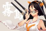  1girl adjusting_hair bare_shoulders black_hair character_name collarbone detached_sleeves glasses highres kantai_collection kirishima_(kantai_collection) looking_at_viewer nontraditional_miko orange_eyes short_hair solo turret upper_body wide_sleeves ying_feng_(fenglyu) 