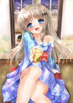  1girl blue_eyes drink fang highres japanese_clothes kimono little_busters!! long_hair mogupuchi noumi_kudryavka silver_hair sitting solo window 