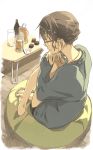  1girl alcohol barefoot blue_eyes bottle brown_hair chocolate cup drinking_glass glasses looking_back red-framed_glasses seu_(hutotomomo) shorts sitting solo string sweater table 
