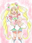  1girl :d bike_shorts blonde_hair boots bow cowboy_shot cure_echo earrings frills hair_ornament hair_ribbon hanzou heart_hair_ornament jewelry knee_boots long_hair looking_at_viewer magical_girl open_mouth outstretched_hand pink_bow pink_ribbon precure precure_all_stars_new_stage:_mirai_no_tomodachi ribbon sakagami_ayumi shorts_under_skirt skirt smile solo striped striped_bow twintails white_boots wrist_cuffs yellow_eyes 