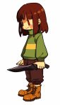  androgynous blush_stickers boots brown_boots brown_hair chara_(undertale) dagger full_body holding holding_weapon knee_boots long_sleeves pants red_eyes semi_kon short_hair simple_background smile solo spoilers standing striped striped_sweater sweater undertale weapon white_background |_| 