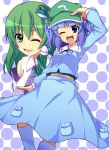 &gt;;d 2girls adjusting_clothes adjusting_hat arm_up bare_shoulders commentary_request detached_sleeves frog_hair_ornament hair_bobbles hair_ornament hair_tubes hat kawashiro_nitori kochiya_sanae looking_at_viewer multiple_girls navel pocket saemon_(tonpura) skirt skirt_set snake_hair_ornament touhou twintails two_side_up 