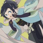  1boy black_hair blue_eyes bridal_gauntlets hakama haori japanese_clothes male_focus mole mole_under_eye open_mouth peeking_through_fingers ponytail scarf shinsengumi solo touken_ranbu xi_yuu yamato-no-kami_yasusada 