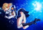  1girl arm_warmers ass black_legwear black_shoes blonde_hair bubble commentary_request green_eyes loafers looking_at_viewer mizuhashi_parsee ootsuki_wataru pointy_ears scarf shoes short_hair short_sleeves solo touhou underwater 