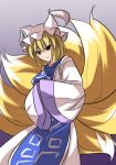  1girl blonde_hair commentary_request cowboy_shot dress fox_tail frills hands_in_sleeves hat janne_cherry kitsune kyuubi long_sleeves mob_cap multiple_tails pillow_hat short_hair smile solo tabard tail tassel touhou white_dress wide_sleeves yakumo_ran yellow_eyes 