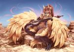  1girl artist_name barbariank bare_shoulders blue_eyes breasts brown_hair cleavage dark_skin feathered_wings gandharva harpy instrument jewelry midriff monster_girl monster_girl_encyclopedia navel pointy_ears ponytail revision signature sitar smile solo tail talons wings 