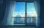  building city clouds curtains door feel_(nasitaki) glass_door no_humans reflection scenery signature sky 