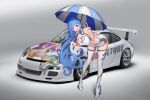  1girl artist_self-reference ass_cutout bare_shoulders bent_over blue_eyes blue_hair blue_nails breasts car cleavage_cutout covered_nipples dress heart_cutout high_heels itasha large_breasts long_hair looking_at_viewer motor_vehicle naco_(manacool) nail_polish name_tag original porsche racequeen solo thigh-highs umbrella v vehicle very_long_hair zettai_ryouiki 