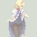  1girl alice_margatroid blonde_hair blue_dress blue_eyes blush brown_legwear capelet cowboy_shot crotch_seam dress dress_lift frills grey_background hair_intakes hairband ishikkoro lifted_by_self looking_away looking_down looking_to_the_side mouth_hold necktie panties panties_under_pantyhose pantyhose profile puffy_short_sleeves puffy_sleeves red_necktie short_sleeves simple_background skirt_hold solo standing touhou underwear white_panties 