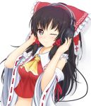  1girl ascot bare_shoulders black_hair brown_eyes detached_sleeves hakurei_reimu headphones long_hair miyakouji one_eye_closed ponytail solo touhou white_background 