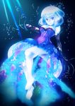  1girl air_bubble blue_hair blue_skin breasts bubble bubble_skirt cleavage come_hither corset dress elbow_gloves fingernails gloves high_heels highres jellyfish light_rays long_fingernails looking_at_viewer monster_girl motton official_art original personification purple_eyes short_hair solo underwater violet_eyes 