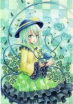  1girl 2016 :d aqua bangs blouse checkered checkered_background dated eyelashes frilled_skirt frilled_sleeves frills green_eyes green_skirt hat hat_ribbon heart heart_of_string komeiji_koishi leaf long_sleeves mosho open_mouth petals ribbon shirt signature silver_hair skirt smile solo third_eye touhou traditional_media wide_sleeves wing_collar yellow_blouse 