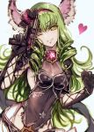  1girl ;) animal_ears c.c. catharine_(granblue_fantasy) catharine_(granblue_fantasy)_(cosplay) code_geass cosplay creayus drill_hair granblue_fantasy green_hair heart long_hair looking_at_viewer one_eye_closed simple_background smile solo weapon white_background yellow_eyes 