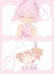 1boy 1girl 2koma blade_(galaxist) blush brown_eyes brown_hair comic dark_skin demon_girl gift hat horns open_mouth pink_eyes pink_hair pop-up_story revia_serge selim_spark short_hair short_twintails translation_request twintails 
