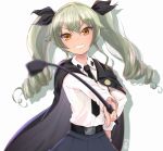  1girl anchovy bangs black_necktie black_skirt blurry cape collared_shirt depth_of_field dress_shirt drill_hair eyebrows eyebrows_visible_through_hair eyelashes girls_und_panzer green_hair grin hair_between_eyes hair_ribbon hand_on_hip hato_haru holding long_hair long_sleeves looking_at_viewer necktie outstretched_arm pleated_skirt ribbon riding_crop school_uniform shirt signature skirt smile solo twin_drills twintails uniform white_background white_shirt yellow_eyes 
