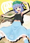 1girl :d armpits bare_shoulders blue_eyes blue_hair breasts chopsticks collarbone commentary_request hair_bobbles hair_ornament hat highres kawashiro_nitori looking_at_viewer navel open_mouth saemon_(tonpura) short_hair sideboob sleeveless smile solo sukiyaki tank_top touhou twintails two_side_up wristband 