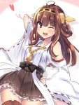  1girl ;d ahoge arm_behind_head arm_up bare_shoulders blue_eyes breasts brown_hair detached_sleeves double_bun hairband hand_on_hip headgear heart highres japanese_clothes jiiwara kantai_collection kongou_(kantai_collection) long_hair looking_at_viewer nontraditional_miko one_eye_closed open_mouth pleated_skirt ribbon ribbon-trimmed_sleeves ribbon_trim skirt smile solo thigh-highs twitter_username violet_eyes zettai_ryouiki 