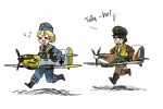  &gt;_&lt; 2girls airplane anyan_(jooho) artist_request bangs bf_109 black_hair blonde_hair blue_eyes blush boots chasing closed_eyes english flying_sweatdrops full_body hat knee_boots military multiple_girls open_mouth original pants profile running supermarine_spitfire toy 