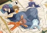  &gt;_&lt; 5girls akatsuki_(kantai_collection) alternate_costume barefoot blanket blue_eyes brown_hair cellphone closed_eyes commentary cuddling eyepatch eyepatch_removed fang from_above futon hibiki_(kantai_collection) highres ikazuchi_(kantai_collection) inazuma_(kantai_collection) kantai_collection lying multiple_girls open_mouth pajamas phone purple_hair silver_hair sleeping smartphone smile stretch tatami tenryuu_(kantai_collection) under_covers v_r_dragon01 waking_up 