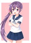  1girl akebono_(kantai_collection) bell blush coffeedog crossed_arms flower hair_bell hair_between_eyes hair_flower hair_ornament kantai_collection long_hair looking_at_viewer open_mouth pleated_skirt purple_hair school_uniform serafuku shitty_admiral short_sleeves side_ponytail skirt solo teeth violet_eyes 