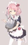  1girl alternate_costume apron badge enmaided frills hair_bobbles hair_ornament heart highres holding holding_weapon kantai_collection looking_at_viewer maid maid_headdress pink_background pink_eyes pink_hair puffy_short_sleeves puffy_sleeves rabbit sazanami_(kantai_collection) short_hair short_sleeves simple_background skirt solo sumisu_(mondo) thigh-highs turret twintails waist_apron white_legwear wrist_cuffs zettai_ryouiki 