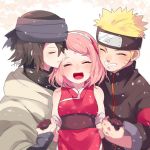  1girl 2boys :d ^_^ azu. boy_sandwich closed_eyes facial_mark forehead_mark forehead_protector grin happy haruno_sakura headband holding_hands multiple_boys naruto naruto:_the_last open_mouth pink_hair sandwiched smile uchiha_sasuke uzumaki_naruto 