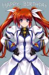  1girl blue_background blue_eyes blush breasts cyclone fingerless_gloves gloves hair_ornament hair_ribbon hands_on_hips happy_birthday juliet_sleeves large_breasts long_hair long_skirt long_sleeves looking_at_viewer lyrical_nanoha magical_girl mahou_shoujo_lyrical_nanoha_strikers orange_hair puffy_sleeves ribbon simple_background skirt smile solo takamachi_nanoha thigh-highs twintails very_long_hair 
