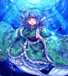  1girl blue_eyes blue_hair blue_kimono breasts bubble fish_tail floral_print frilled_kimono frills head_fins japanese_clothes kimono long_sleeves looking_at_viewer mermaid monster_girl obi sash smile solo sunlight tis_(shan0x0shan) touhou underwater wakasagihime wide_sleeves 