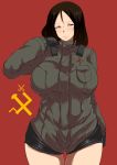  1girl adjusting_hair bangs black_gloves blue_eyes breasts brown_hair commentary_request cowboy_shot emblem girls_und_panzer gloves half-closed_eyes hammer_and_sickle highres large_breasts long_hair long_sleeves looking_at_viewer nonna parted_bangs plump red_background ruler scissors short_jumpsuit solo standing takatoo_kurosuke 