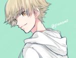  1boy blonde_hair blue_background brown_eyes hood hoodie kaburagi_sui portrait short_hair smile solo soukyuu_no_fafner twitter_username wae 