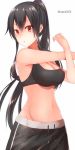  1girl absurdres alternate_costume black_hair breasts chestnut_mouth hair_between_eyes highres kantai_collection large_breasts long_hair looking_at_viewer midriff navel open_mouth ponytail red_eyes sakiryo_kanna solo sports_bra sportswear very_long_hair yahagi_(kantai_collection) 