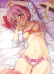  1girl adapted_costume arm_up ass_visible_through_thighs bed blush bow bow_bra bow_panties bra breasts commentary_request hair_ribbon hand_on_own_face kaname_madoka lingerie looking_at_viewer lying mahou_shoujo_madoka_magica matokechi navel on_back open_clothes panties pink_eyes pink_hair pink_panties ribbon short_hair short_twintails solo twintails underwear 