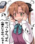  1girl @_@ akigumo_(kantai_collection) blush brown_hair embarrassed green_eyes hair_ribbon hands_on_own_cheeks hands_on_own_face jacket jewelry kantai_collection long_hair open_mouth ponytail proposal ribbon ring ring_box solo_focus translated tsuzuri_(tuzuri) upper_body wedding_band white_day 