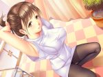  1girl adjusting_hair amasa-hikae armpit_peek bent_knees black_legwear breasts brown_eyes brown_hair checkered checkered_floor indoors large_breasts lips looking_at_viewer nurse original pantyhose parted_lips solo tying_hair 