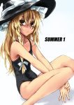  1girl bare_legs black_swimsuit blonde_hair bow braid closed_mouth collarbone commentary_request frills fujikawa_daichi full_body gradient gradient_background hair_bow hat hat_bow kirisame_marisa knees_up long_hair looking_at_viewer one-piece_swimsuit own_hands_together side_braid simple_background single_braid sitting solo swimsuit touhou white_background white_bow witch_hat yellow_eyes 