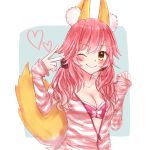  1girl animal_ears blush bra breasts caster_(fate/extra) cleavage fate/extra fate/stay_night fate_(series) fox_ears fox_tail hair_ribbon heart highres looking_at_viewer one_eye_closed open_clothes open_shirt pink_bra pink_hair ribbon shirt smile solo tail underwear yellow_eyes 