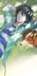  1boy arms_behind_head black_hair closed_eyes collarbone dog grass grin highres masaoka_ryou shade shirt short_hair smile soukyuu_no_fafner striped striped_shirt unbuttoned wae 