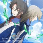  2boys anniversary black_hair brown_eyes brown_hair clouds copyright_name crystal horizon long_hair long_sleeves makabe_kazuki minashiro_soushi multiple_boys ocean short_hair sky soukyuu_no_fafner twitter_username uniform wae 