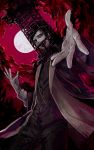  1boy black_hair bloodborne buttons cage clouds coat collar dress_shirt grey_eyes headgear highres laughing male_focus micolash_host_of_the_nightmare moon necktie open_mouth pose purple_sky red_clouds shirt sky solo suzunashi teeth 