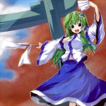 1girl commentary_request detached_sleeves frog_hair_ornament green_eyes green_hair hair_ornament hair_tubes kochiya_sanae long_hair long_skirt looking_at_viewer navel ofuda oonusa open_mouth saemon_(tonpura) skirt snake_hair_ornament solo touhou tsurime wide_sleeves