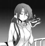  1girl alternate_hairstyle artist_name bangs blouse cigarette closed_eyes commentary_request kantai_collection leaning_back long_hair monochrome nachi_(kantai_collection) nagisa_moa railing screentones scrunchie side_ponytail smoking solo 