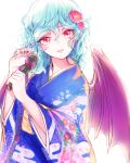  1girl alternate_costume bangs bat_wings blue_hair camellia_(flower) egasumi eyebrows eyebrows_visible_through_hair eyelashes floral_print flower hair_between_eyes hair_flower hair_ornament highres holding_microphone japanese_clothes kimono looking_at_viewer nail_polish obi parted_lips pink_lips red_eyes red_nails remilia_scarlet rosette_(roze-ko) sash simple_background slit_pupils solo touhou upper_body wavy_hair white_background wings 
