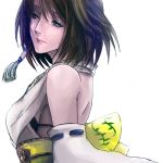  1girl blue_eyes bra breasts brown_hair detached_sleeves final_fantasy final_fantasy_x green_eyes heterochromia japanese_clothes jewelry lowres necklace short_hair sideboob solo underwear white_background yuna_(ff10) 